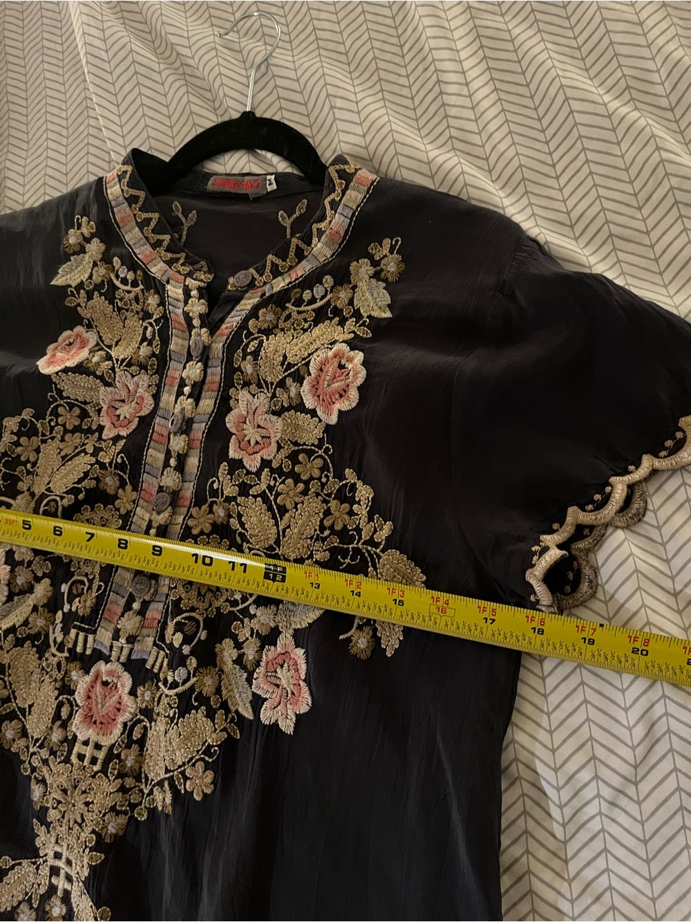 Johnny Was Navy Tunic with Gold and Pink Floral Embroidery - Picture 7 of 8